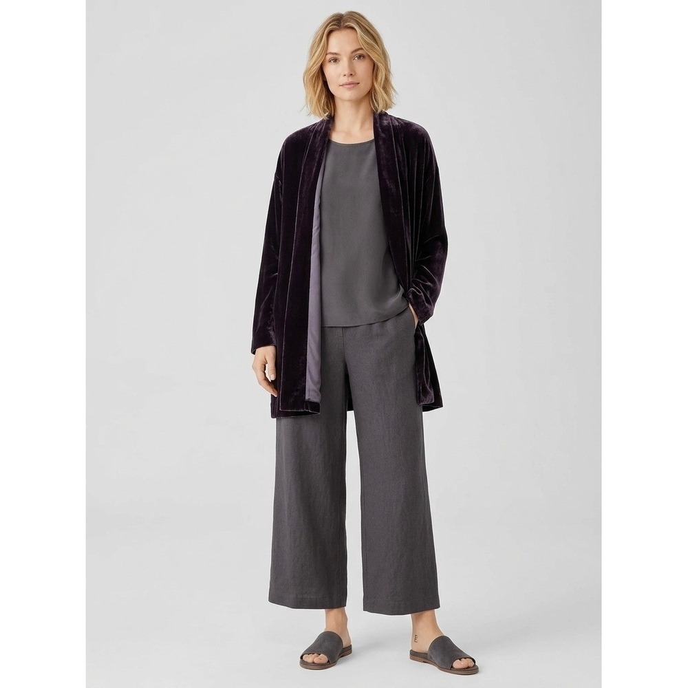Eileen Fisher Silk Blend Velvet Kimono Jacket Plum Purple Open Front Cardigan M